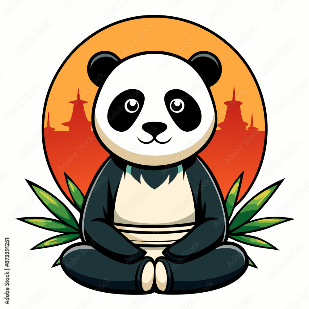 Panda in lotus position on bamboo leaf background with setting sun vector illustration Panda in lotus position on bamboo leaf background with setting sun vector illustration
