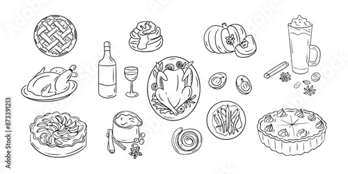 Thanksgiving dinner doodle set. Monochrome vector contour stickers with food and drinks isolated oh white background. Sketchy drawing of meals, pies and autumn fruits. Could be used for coloring pages