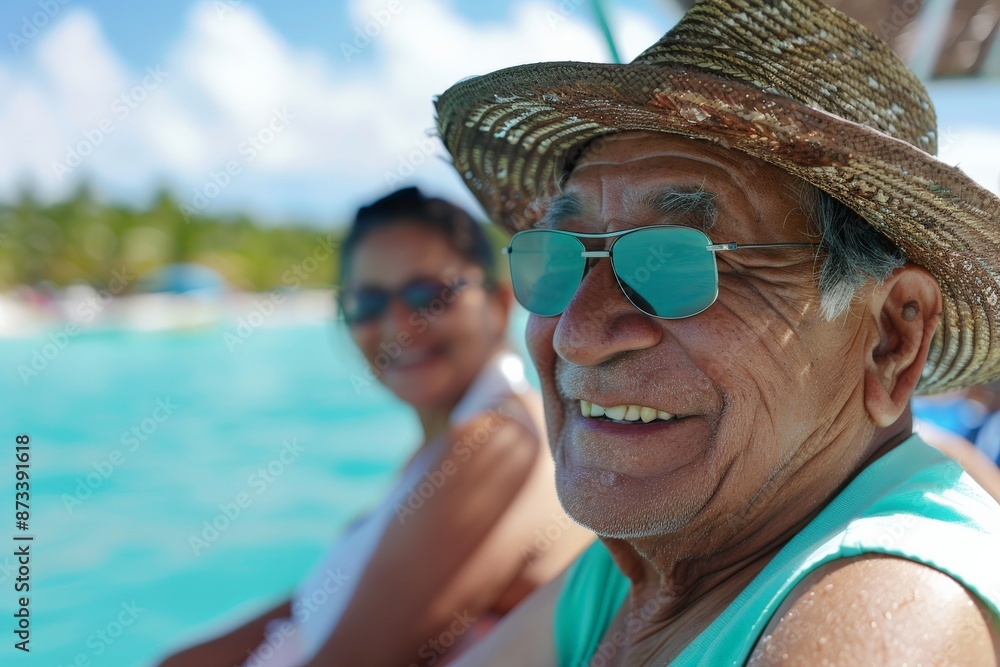 A smiling elderly man wearing a straw hat and sunglasses enjoys a boat adventure on turquoise waters, capturing moments of joy, friendship, and the beauty of nature. A smiling elderly man wearing a straw hat and sunglasses enjoys a boat adventure on turquoise waters, capturing moments of joy, friendship, and the beauty of nature.