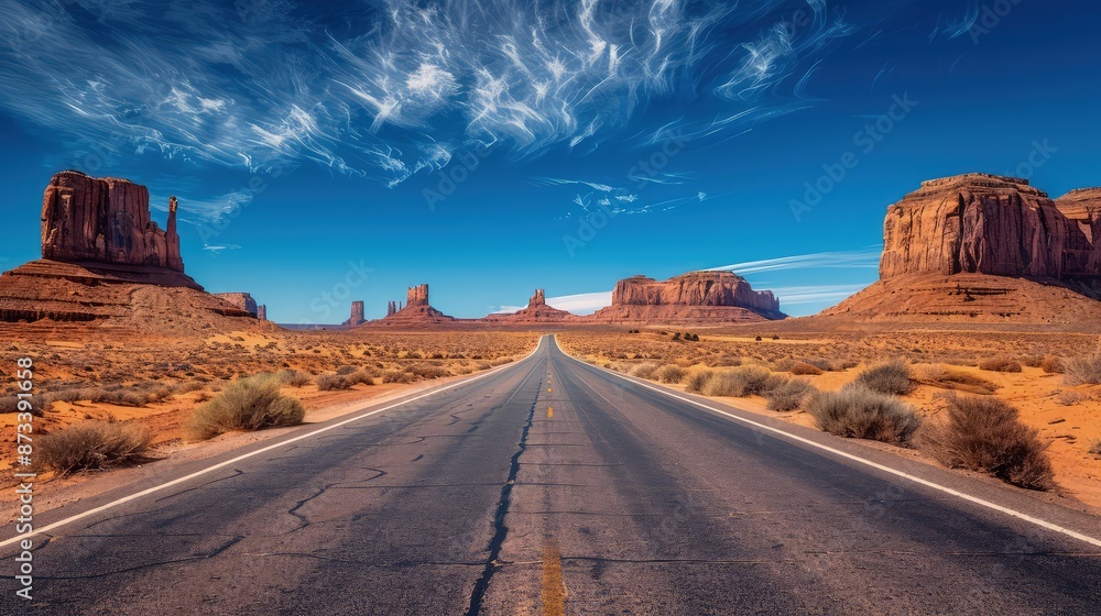 A desert road stretching into the horizon under a vast blue sky, surrounded by dramatic rock formations and sparse desert vegetation. A desert road stretching into the horizon under a vast blue sky, surrounded by dramatic rock formations and sparse desert vegetation.
