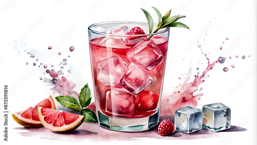 Refreshing Grapefruit and Berry Infused Beverage in Glass Close Up on White Background. Watercolor Illustration os Summer Pink Cocktail with Ice and Mint Refreshing Grapefruit and Berry Infused Beverage in Glass Close Up on White Background. Watercolor Illustration os Summer Pink Cocktail with Ice and Mint