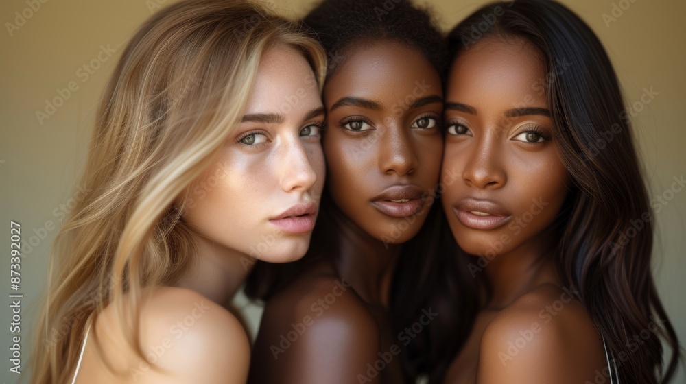 Close-up portrait of three young women with radiant, flawless skin and diverse beauty. They have long, flowing hair and glowing complexions, showcasing natural, striking features Close-up portrait of three young women with radiant, flawless skin and diverse beauty. They have long, flowing hair and glowing complexions, showcasing natural, striking features