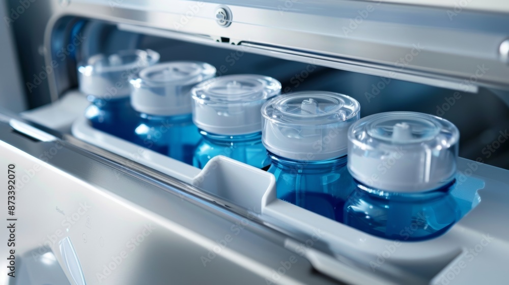 An upclose view of the detergent dispenser with clearly labeled compartments for detergent rinse aid and sanitizer. An upclose view of the detergent dispenser with clearly labeled compartments for detergent rinse aid and sanitizer.