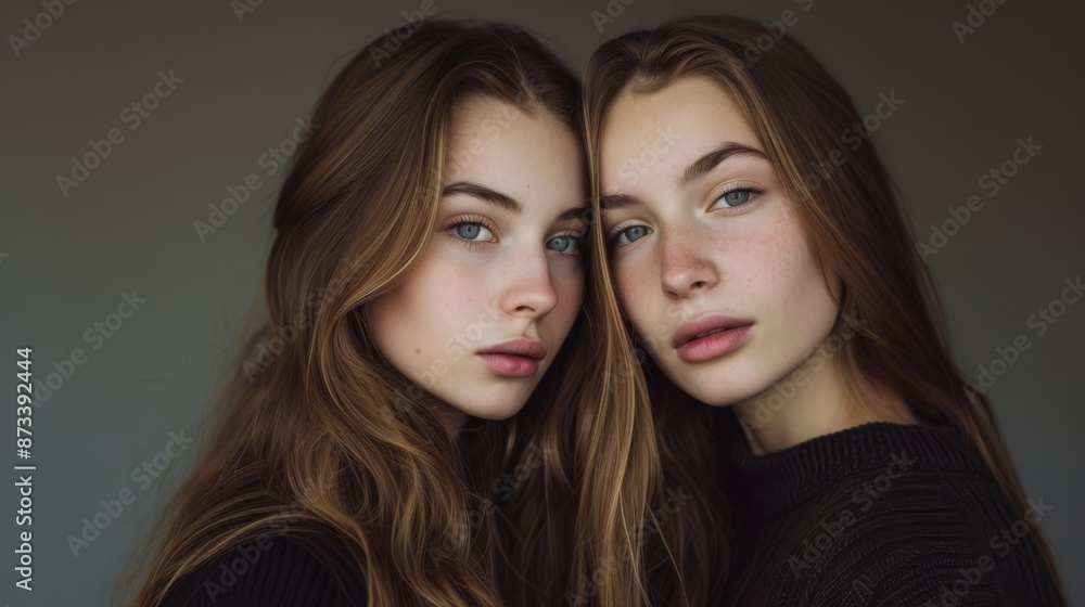 Intimate close-up of twin sisters with long hair and blue eyes, wearing dark sweaters. Their serene expressions and natural beauty create a peaceful atmosphere Intimate close-up of twin sisters with long hair and blue eyes, wearing dark sweaters. Their serene expressions and natural beauty create a peaceful atmosphere
