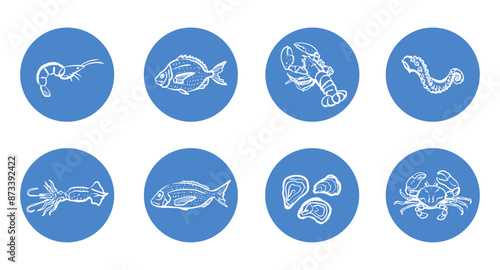 Seafood icons. Hand drawn illustration of fish, crab, octopus, squad and shrimps. Ocean and sea delicacy symbol. 