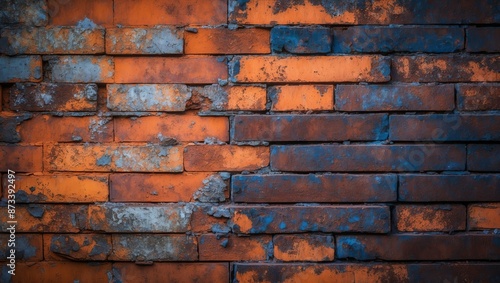 A brick wall with blue and orange hues