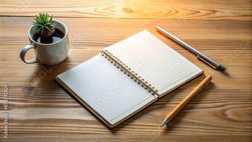 Open Notebook with Pens and Coffee Cup on Wooden Table