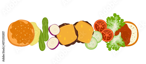 Set of delicious fast food illustrations: beef hamburger, fried, grilled, pickles, lettuce, tomato, bacon, cheese, bread with sauce, top view. Isolated on a white background for poster and menu design