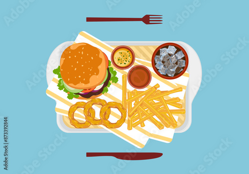Fast food set ready fast food restaurant menu Set of hamburgers, french fries, onion rings, and soft drinks in a tray Top view Isolated objects on background for designing posters, and food menus.