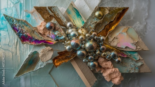 Close-up of an abstract art piece with iridescent and metallic textures