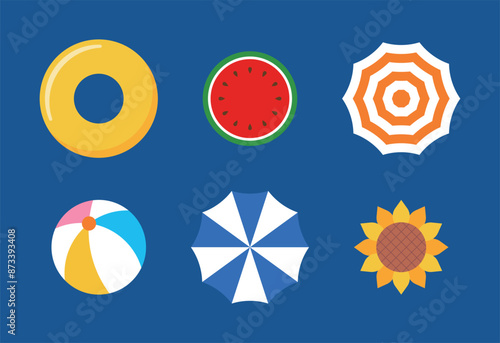 A set of illustration icons with summer, sea, swimming, vacation, beach, travel, and summer vacation concepts. tube, parasol, watermelon, ball, sunflower.