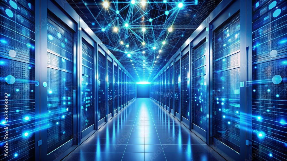 Server Room Network Corridor with Glowing Connections Server Room Network Corridor with Glowing Connections