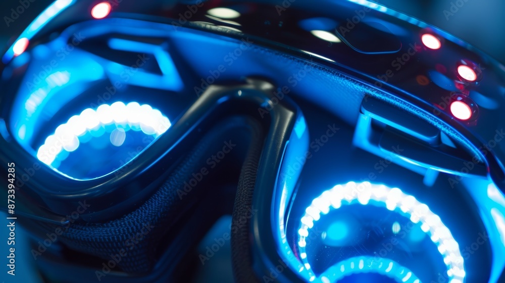 Fototapeta premium The vibrant blue glow of LED lights on a VR headset indicating that the device is powered on and ready for virtual adventure.