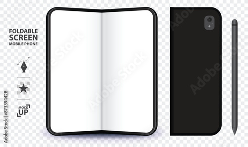 Foldable mobile phone screen vector illustration. Open and closed smartphone mockup with digital drawing pen on transparent background.