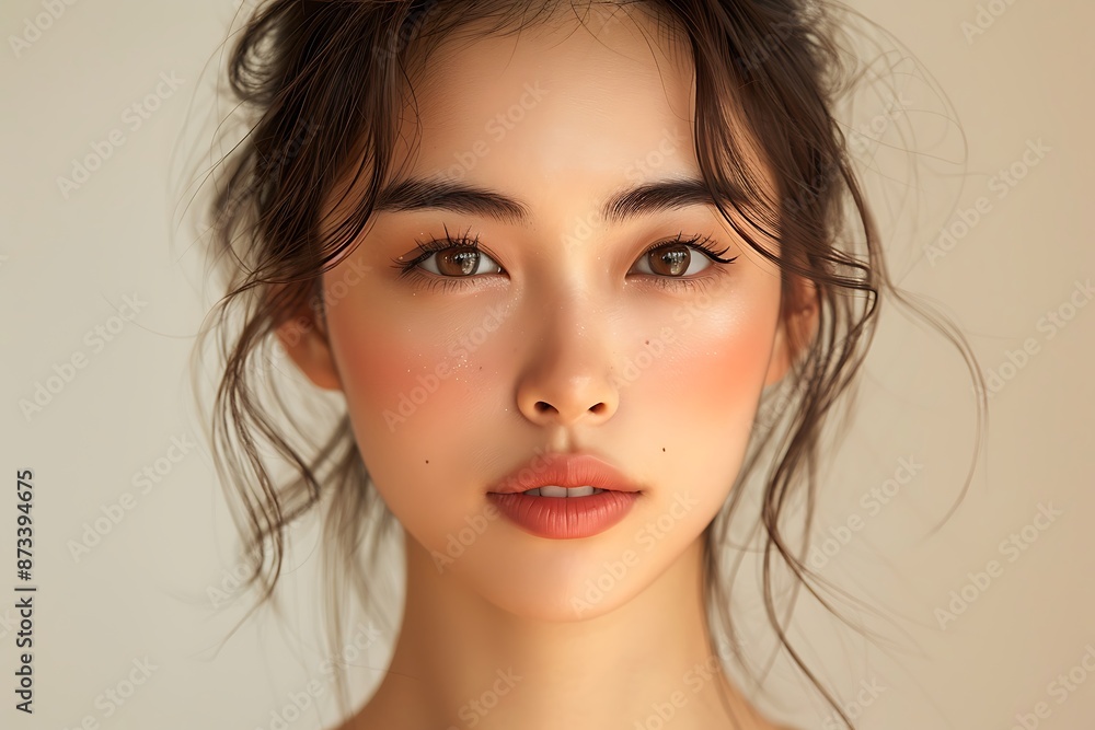 Close-up portrait of young Asian beautiful woman with K-beauty make up style and healthy and perfect skin isolated on beige background for skincare commercial product advertising. Close-up portrait of young Asian beautiful woman with K-beauty make up style and healthy and perfect skin isolated on beige background for skincare commercial product advertising.