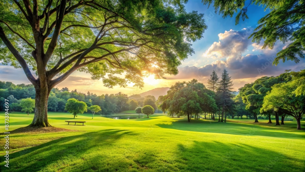 Sunlit Tree Canopy Over Golf Course with Bench and Pond Sunlit Tree Canopy Over Golf Course with Bench and Pond