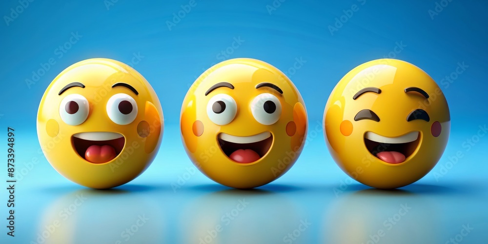 Three Yellow Emojis with Different Expressions on Blue Background Three Yellow Emojis with Different Expressions on Blue Background