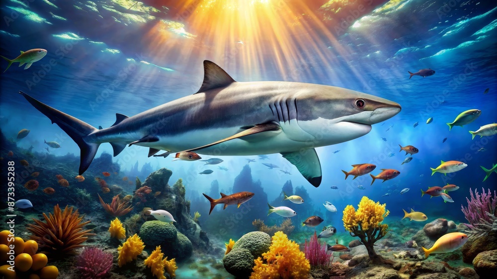 Obraz premium Underwater Scene with Great White Shark and Sunbeams