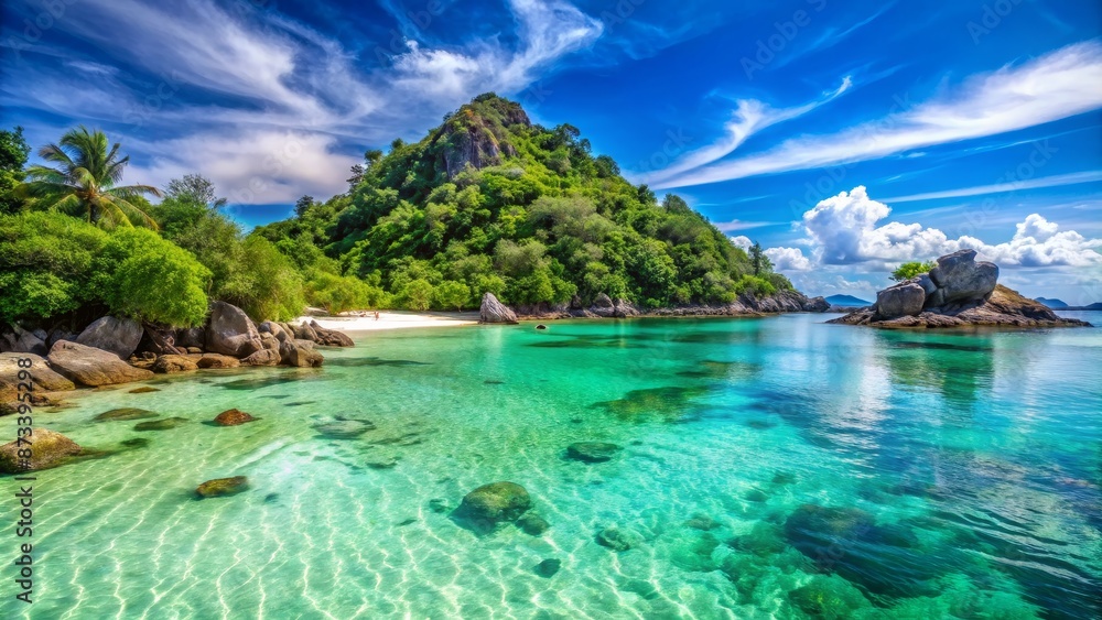 Fototapeta premium Tropical Island Cove with Clear Blue Water and Lush Green Hills