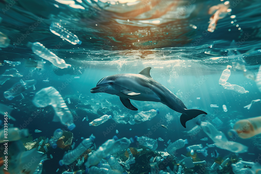 Naklejka premium Sea dolphin swims in plastic pollution in underwater sea. Environment pollution.