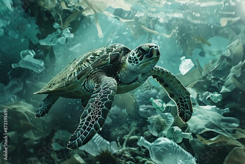 Sea turtle swims in plastic pollution in underwater sea. Environment pollution.