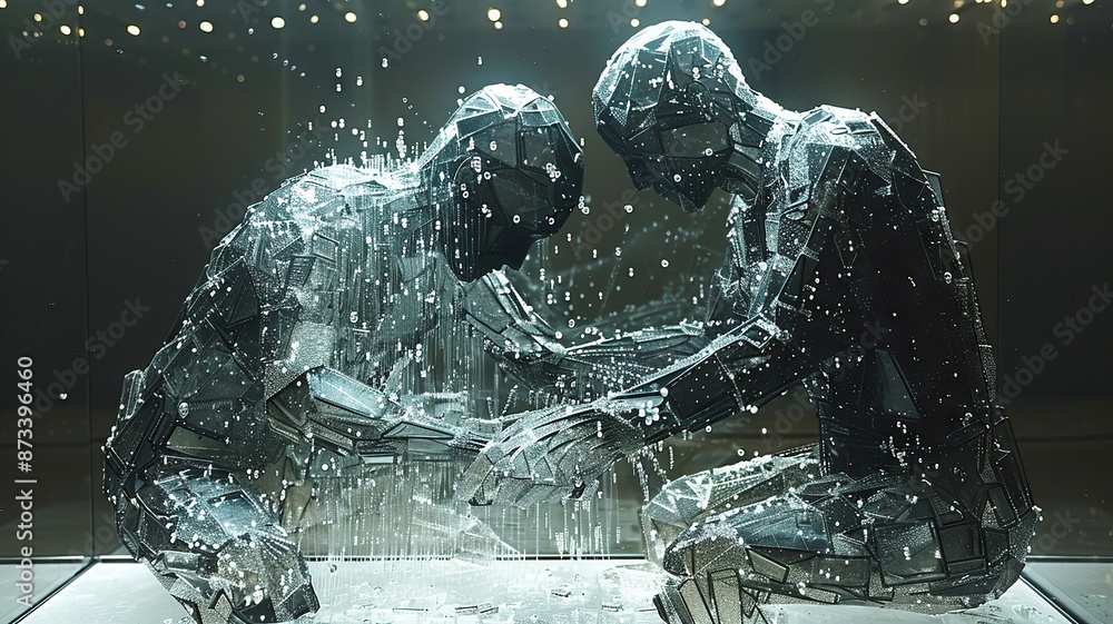 Fototapeta premium Sculpture of two figures made of metal in an art gallery