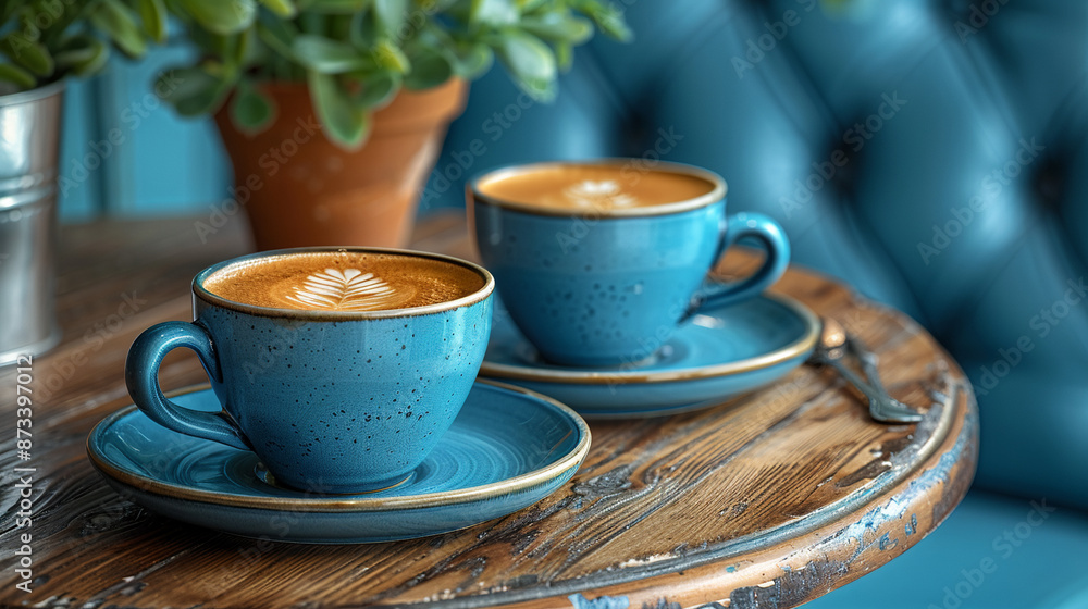 Fototapeta premium Two blue coffee cups with latte art are placed on saucers on rustic wooden table in cafe