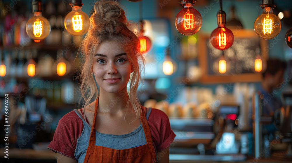 Young woman with blonde hair, wearing orange apron, smiles at camera while working behind cafe counter. String lights hang above her, casting warm glow on scene Young woman with blonde hair, wearing orange apron, smiles at camera while working behind cafe counter. String lights hang above her, casting warm glow on scene