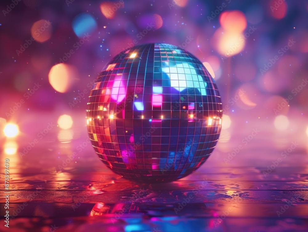 A disco ball with a blue and pink design is sitting on a wet surface. The ball is surrounded by a colorful, blurry background that gives the impression of a party or dance floor A disco ball with a blue and pink design is sitting on a wet surface. The ball is surrounded by a colorful, blurry background that gives the impression of a party or dance floor