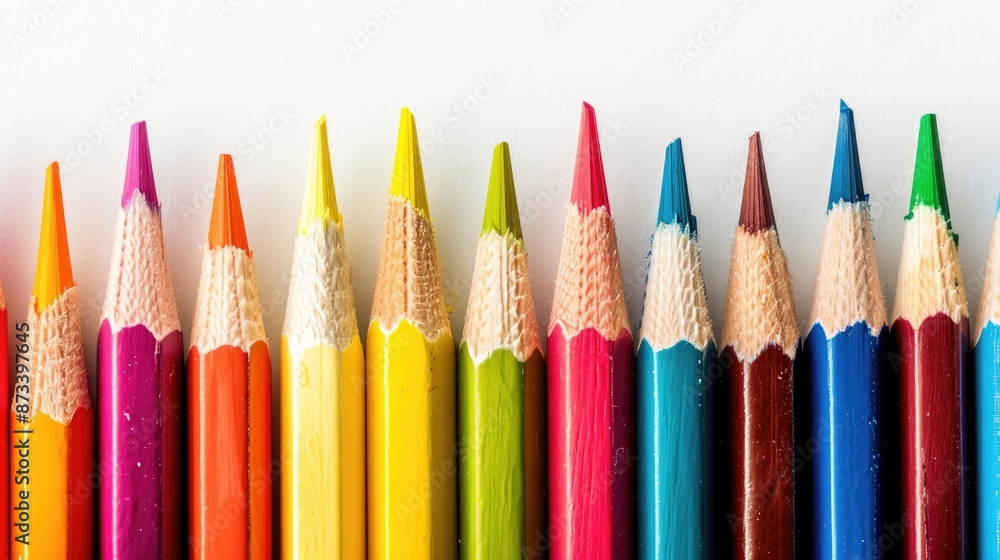 School art concept showcasing colored pencils against white background School art concept showcasing colored pencils against white background