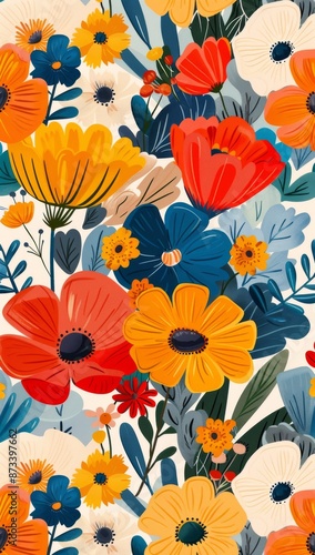 Bright and colorful floral pattern with vibrant flowers and lush leaves