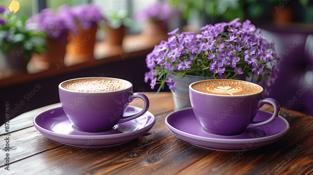 Two purple mugs of cappuccino sit on saucers on wooden table, with pot of lavender in bloom in background Two purple mugs of cappuccino sit on saucers on wooden table, with pot of lavender in bloom in background
