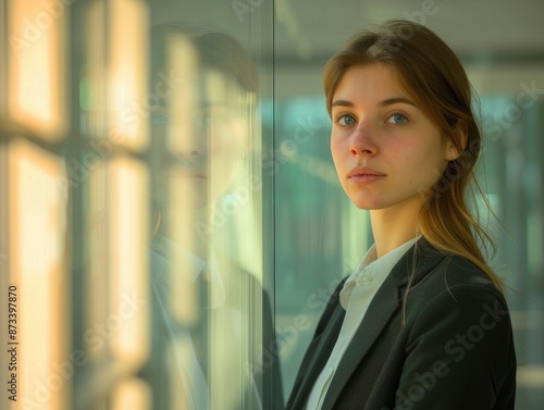 A woman in a black jacket and white shirt stands in front of a window. She has a serious expression on her face © vefimov