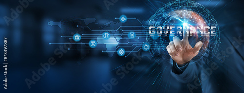 Φωτογραφία A smart solution to governance issues from a businessman's perspective involves a virtual network connecting services with graphical icons in technology, finance, healthcare, manufacturing industries