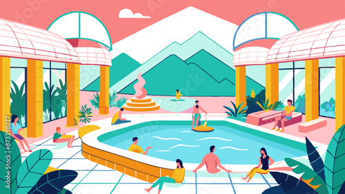 Colorful Illustration of People Relaxing at a Modern Mountain Resort Spa
