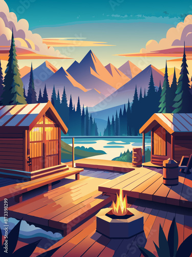 Serene Mountain Lake View from Cozy Wooden Cabins at Sunset