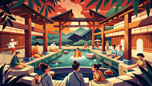 Tranquil Japanese Onsen Experience with Hot Spring Bath and Relaxation