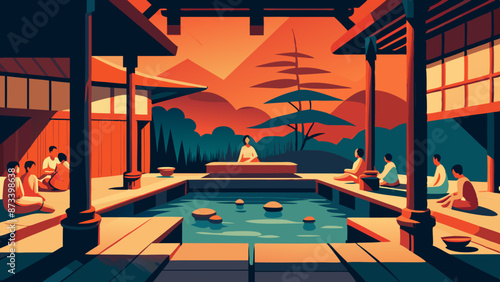 Tranquil Onsen Hot Springs in Traditional Japanese Setting at Sunset