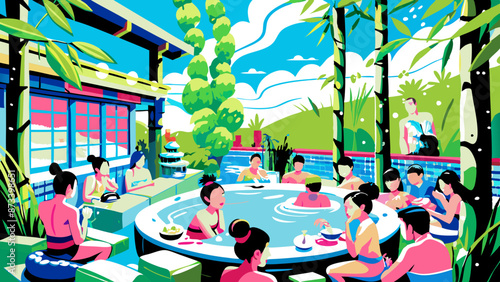 Vibrant Tropical Resort Poolside Scene with Relaxing Guests and Lush Vegetation