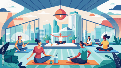 Urban Yoga Retreat with Diverse Participants in Modern Cityscape