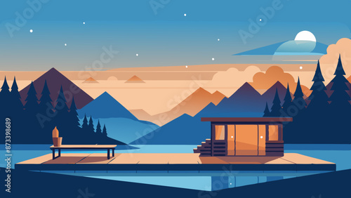 Serene Lakeside Cabin at Twilight with Mountainous Backdrop