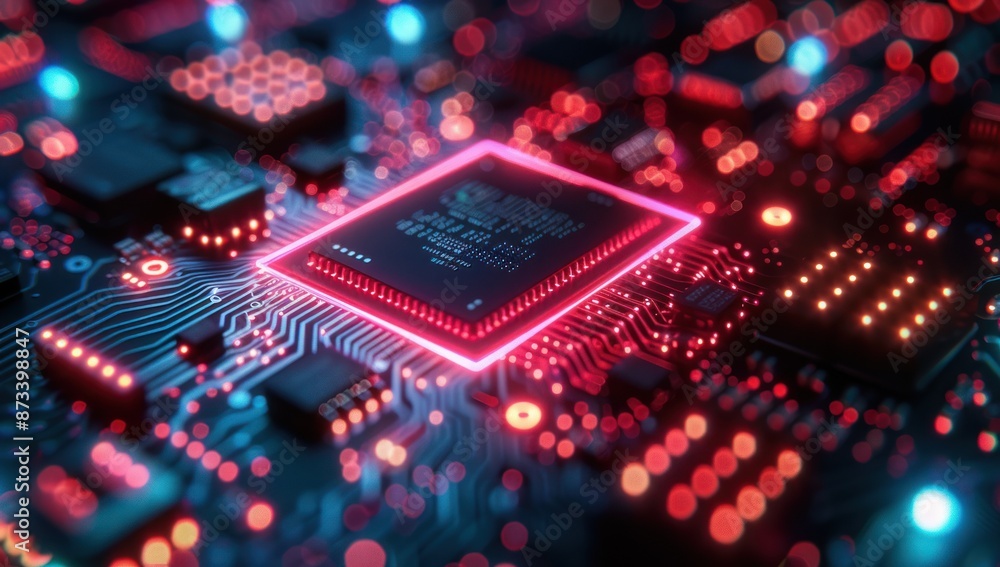 Close-up of a Red-Lit Microchip on a Circuit Board Close-up of a Red-Lit Microchip on a Circuit Board