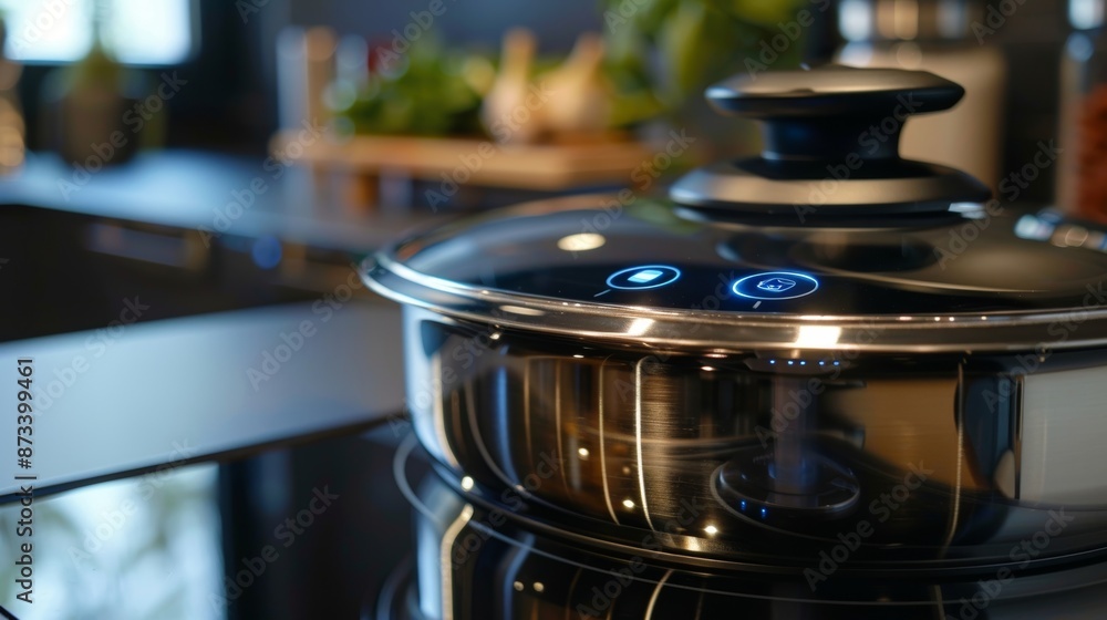 A detailed shot of a smart cooking pot lid highlighting the Bluetooth connectivity feature and a corresponding app for remote control and recipe preset options. A detailed shot of a smart cooking pot lid highlighting the Bluetooth connectivity feature and a corresponding app for remote control and recipe preset options.