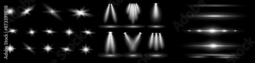 Glow isolated white transparent light effect set, lens flare, explosion, glitter, line, sun flash, spark and stars. Abstract special effect element design.