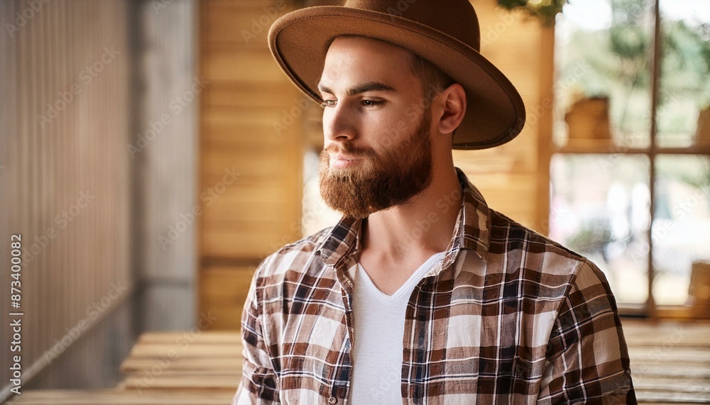 cool bearded guy with fedora and plaid shirt looking away cool bearded guy with fedora and plaid shirt looking away