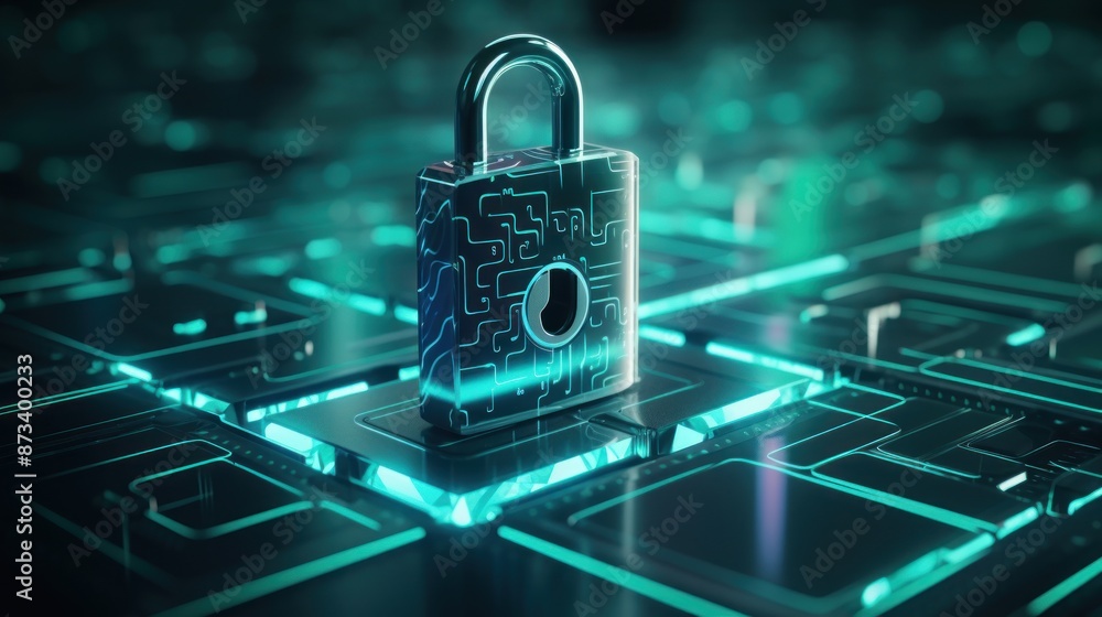 Cybersecurity. Digital Padlock Protecting Futuristic Circuit Board from Cyber Threats Cybersecurity. Digital Padlock Protecting Futuristic Circuit Board from Cyber Threats