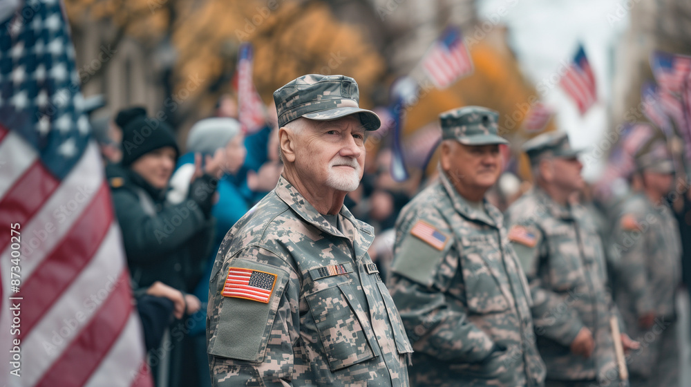 Proud Veterans at Military Parade with American Flags, AI Generation Proud Veterans at Military Parade with American Flags, AI Generation