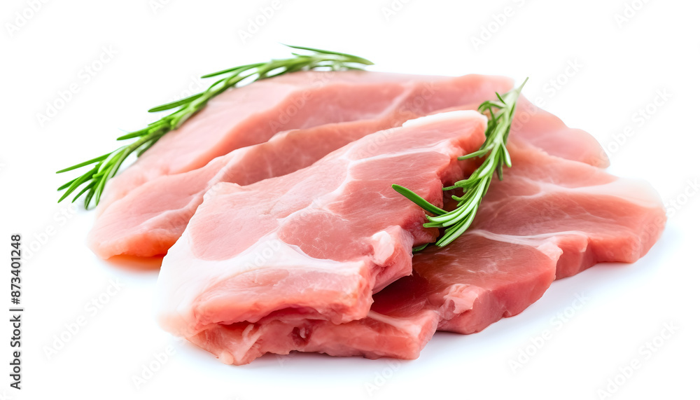 Closeup Fresh sliced pork meat with rosemary leaf isolated on a white background Closeup Fresh sliced pork meat with rosemary leaf isolated on a white background