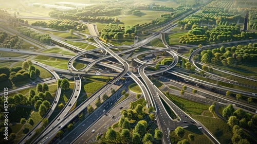Photorealistic image of a large highway system with detailed overpasses and interchanges, focusing on the complexity and scale of modern road infrastructure