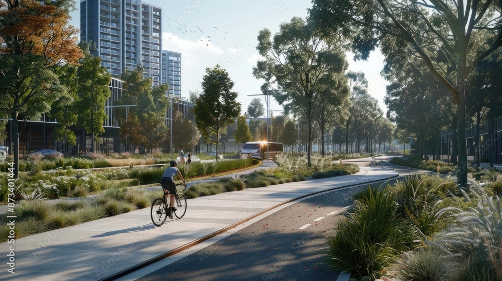 Fototapeta premium Photorealistic view of a cyclist riding along a dedicated bike path in a modern city, surrounded by greenery and urban infrastructure promoting eco-friendly travel